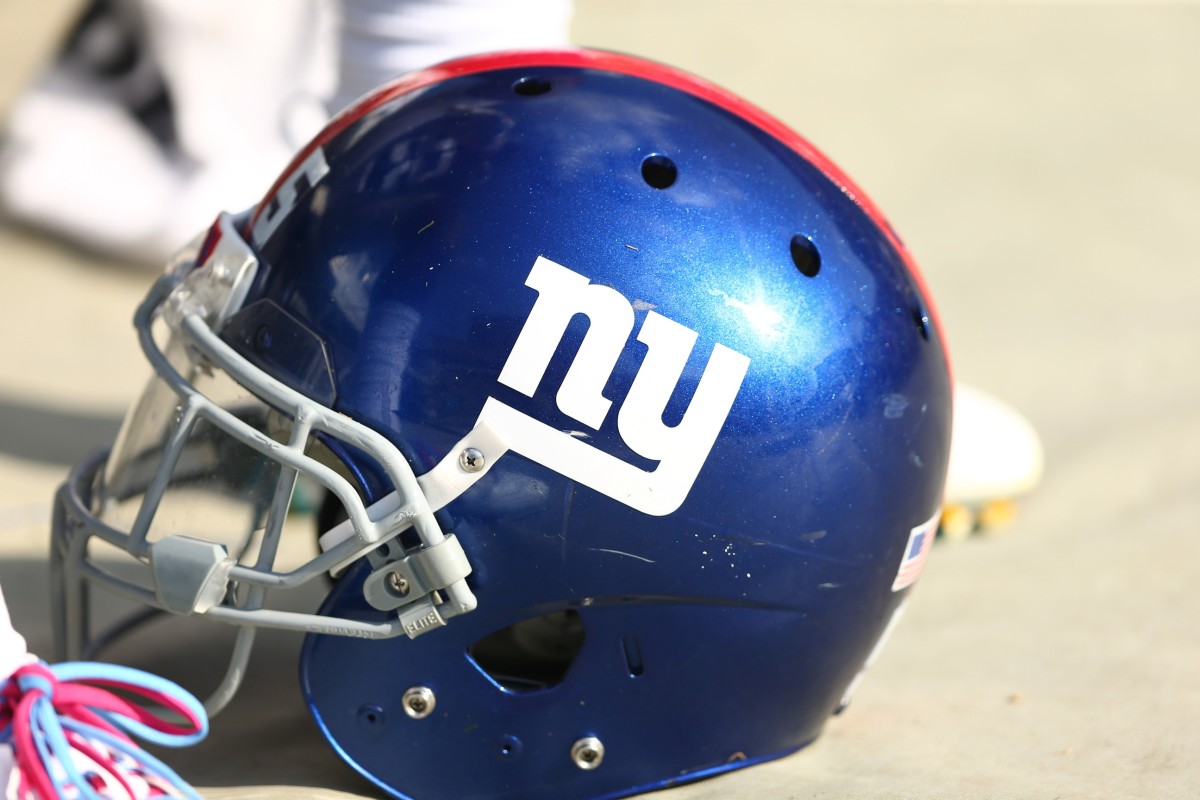 Oct 7, 2018; Charlotte, NC, USA; A New York Giants helmet sits on the sidelines against the Carolina Panthers at Bank of America Stadium.